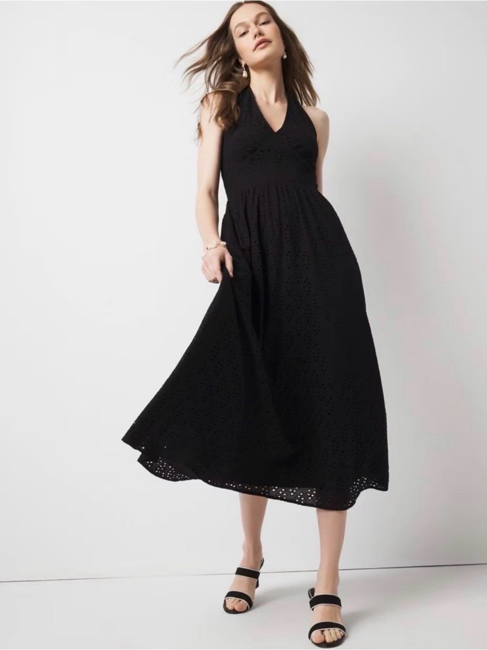 WHITE HOUSE BLACK MARKET EYELET MIDI HALTER DRESS BLACK Size 0